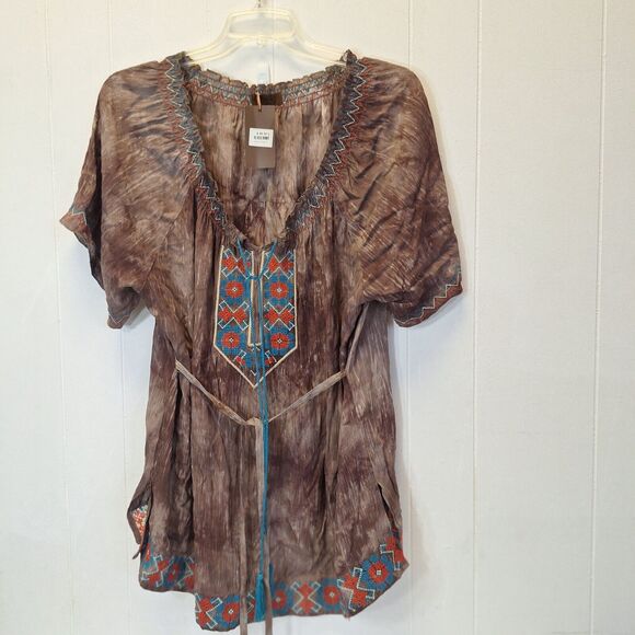 Treska Tops - TresKa Boho Mocha Embroidery Top w/Back Tie & Tassels One Size NWT  Cottage Core